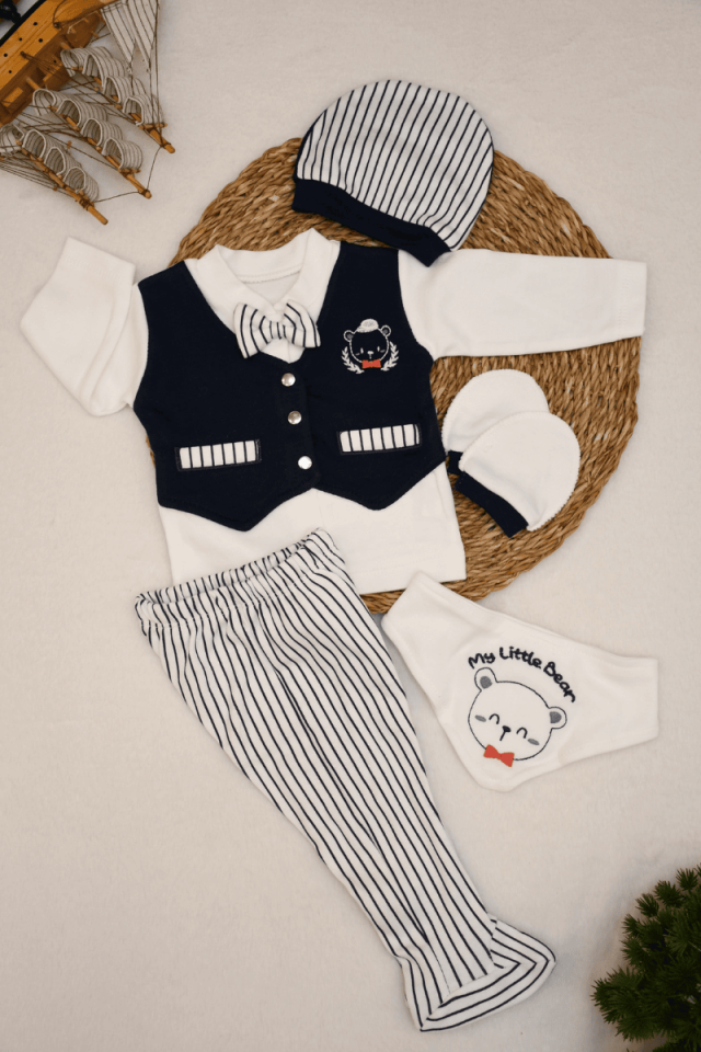 My Little Bear Nakışlı Yenidoğan % Pamuklu Erkek Bebek 5li Zıbın Set
