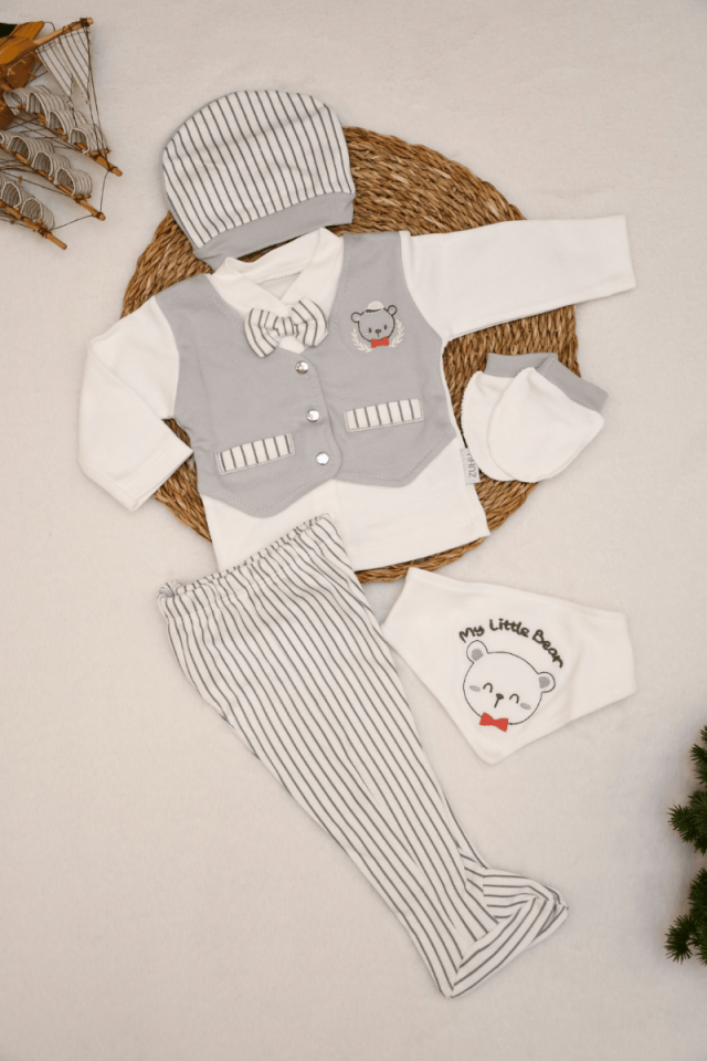 My Little Bear Nakışlı Yenidoğan % Pamuklu Erkek Bebek 5li Zıbın Set