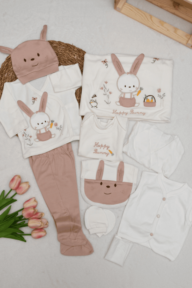 Kulaklı Tavşan Nakışlı %100 Pamuklu Yenidoğan 10 Parça Hastane Çıkış Seti