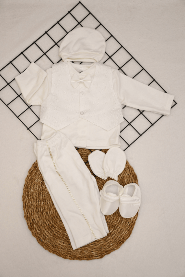 Erkek Bebek Yelekli Papyonlu 5 Parça Mevlüt Seti 0-3 Ay