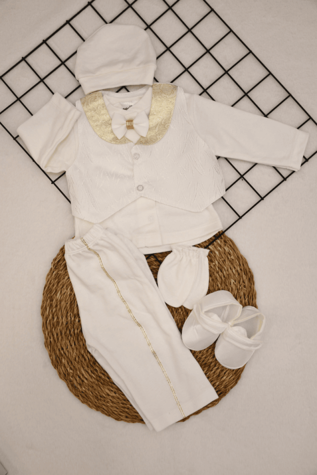 Erkek Bebek Yelekli Papyonlu 5 Parça Mevlüt Seti 0-3 Ay