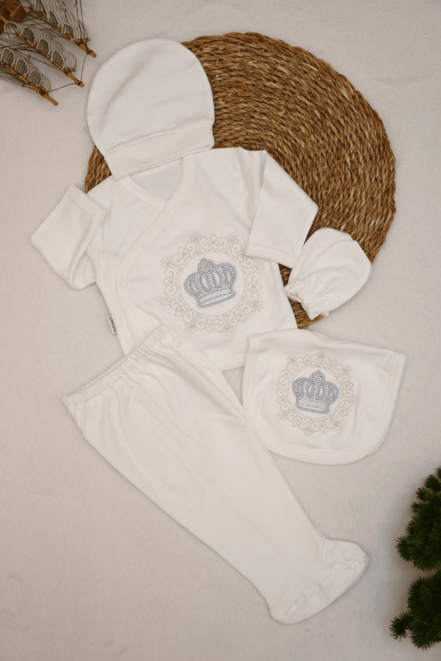 Prens Taç Nakışlı Yenidoğan Erkek Bebek 5li Zıbın Set