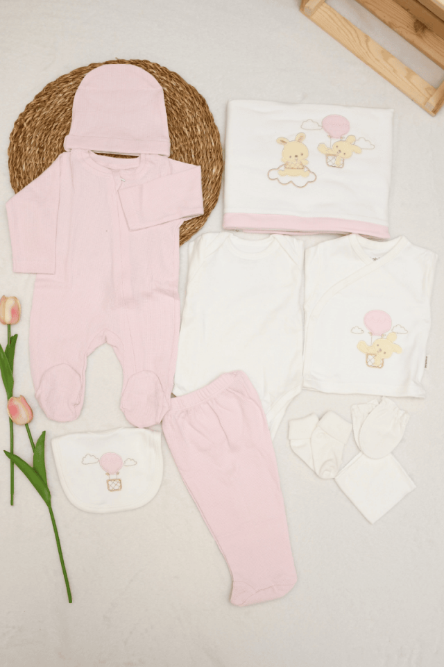 Sevimli Balonlu Tavşan Desenli % 100 Coton 10 Lu Hastane Çıkışı