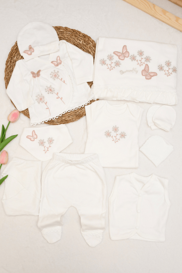 Kelebek Nakışlı Yenidoğan Kız Bebek 10lu Zıbın Set Hastane Çıkışı