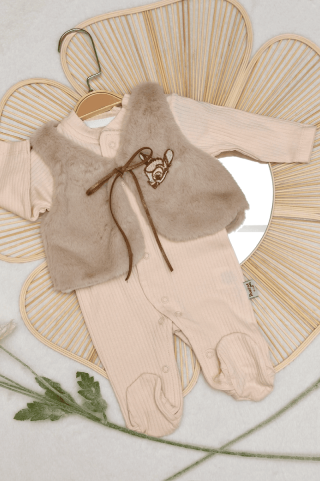 Ceylan Nakışlı Peluş Yelekli Raporlu Kız Bebek Tulum 0-3/3-6 Ay
