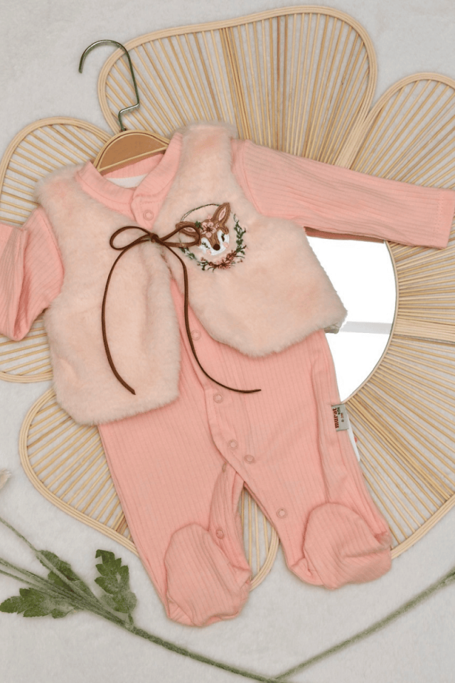 Ceylan Nakışlı Peluş Yelekli Raporlu Kız Bebek Tulum 0-3/3-6 Ay