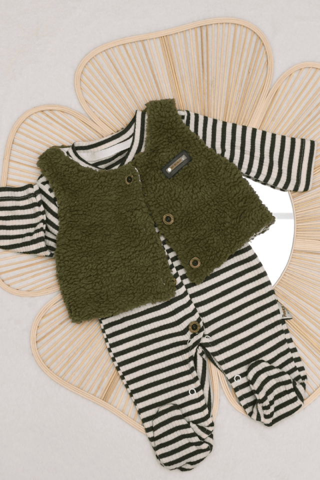 Peluş Yelekli Çizgili Raporlu Unisex Bebek Tulum 0-3/3-6 Ay