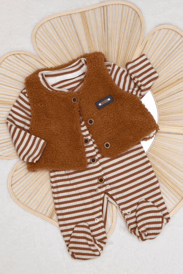 Peluş Yelekli Çizgili Raporlu Unisex Bebek Tulum 0-3/3-6 Ay