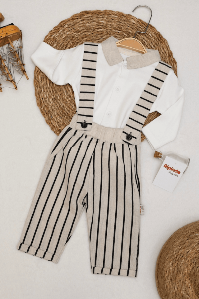 Dik Çizgili Askılı Salopet Gömlek Erkek Bebek Takım 0-3/3-6/6-9/9-12 Ay