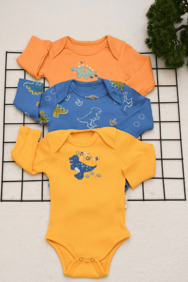 Dino Nakışlı Ribana Erkek Bebek 3'lü uzun kollu Çıtçıtlı Badi (0-3/3-6 Ay)