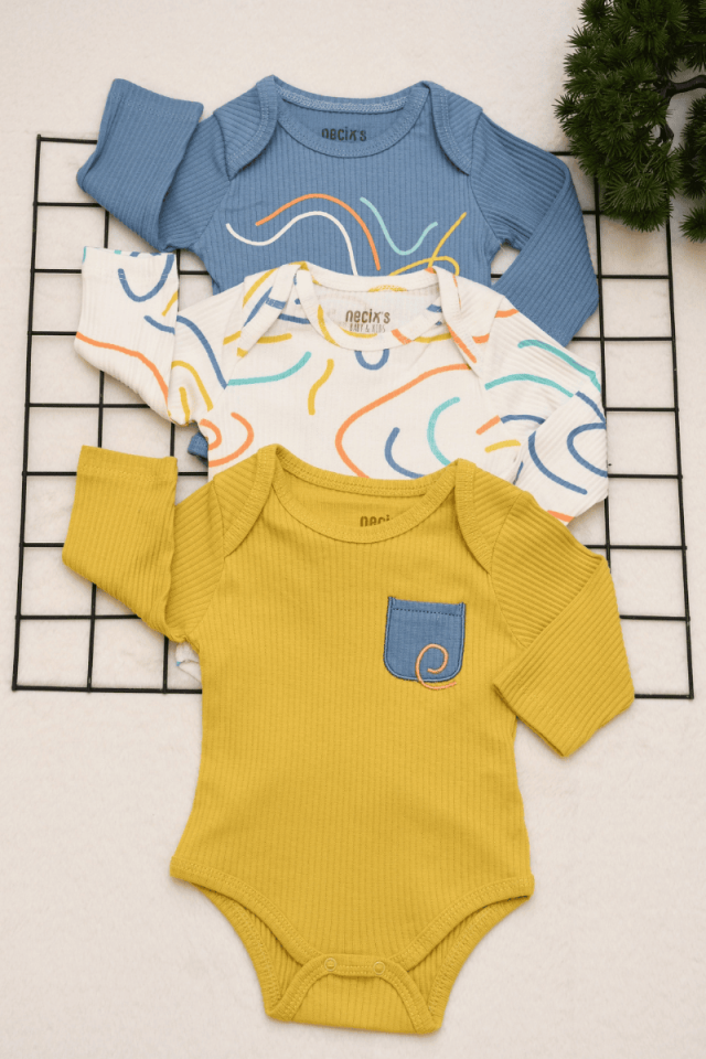 Diffrent Way 3'lü Erkek Bebek Tek Boy Çıtçıtlı Badi 0-3/3-6 Ay