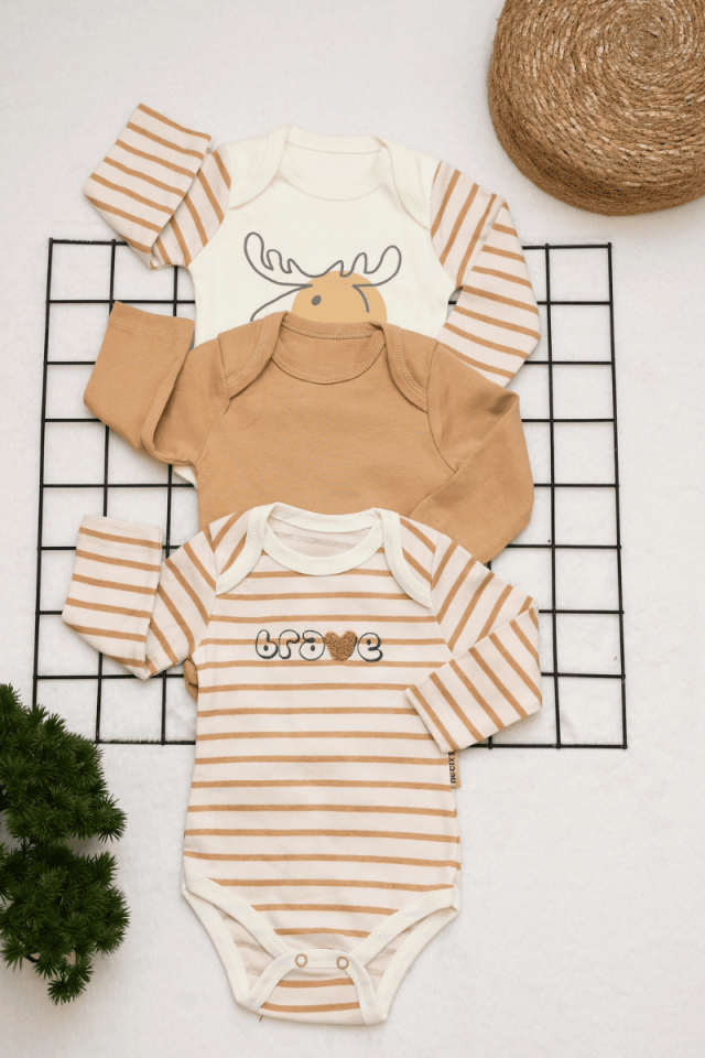 Geyik Baskı Detaylı Erkek Bebek Tek Boy Çıtçıtlı Badi 0-3/3-6/6-9 Ay