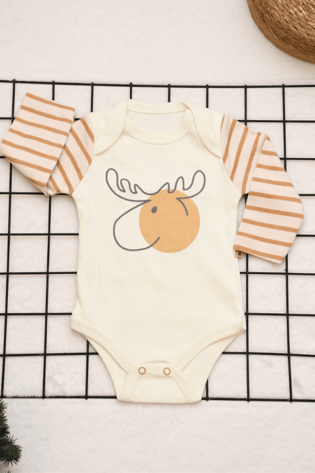 Geyik Baskı Detaylı Erkek Bebek Tek Boy Çıtçıtlı Badi 0-3/3-6/6-9 Ay