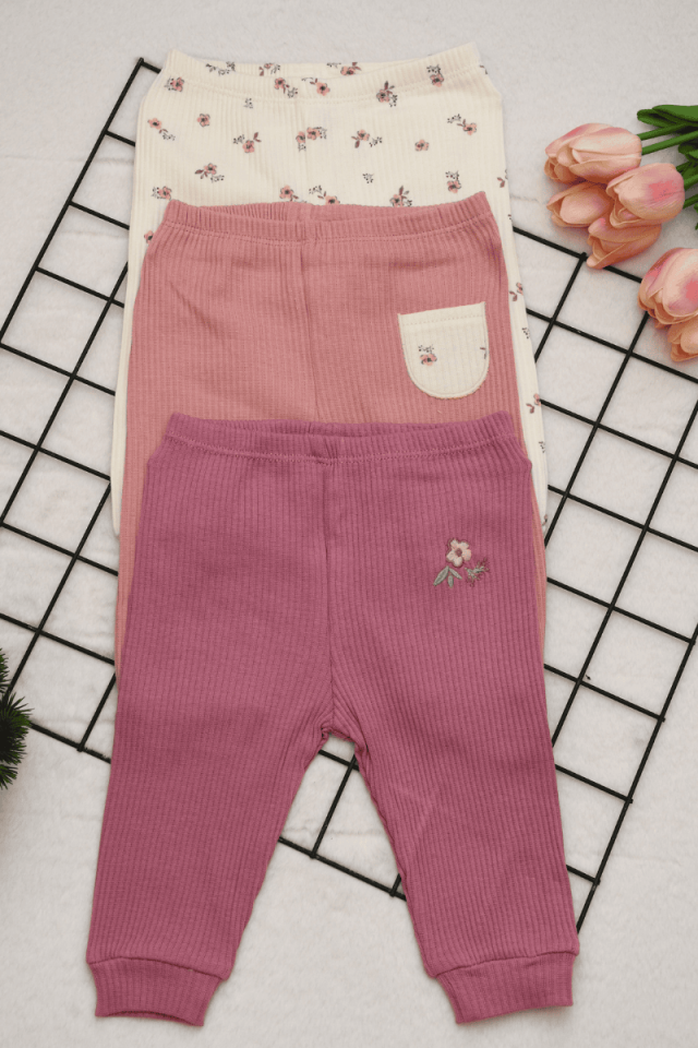 3'lü Çicek Detaylı Kız Bebek Tek Boy Tekalt 0-3/3-6 Ay