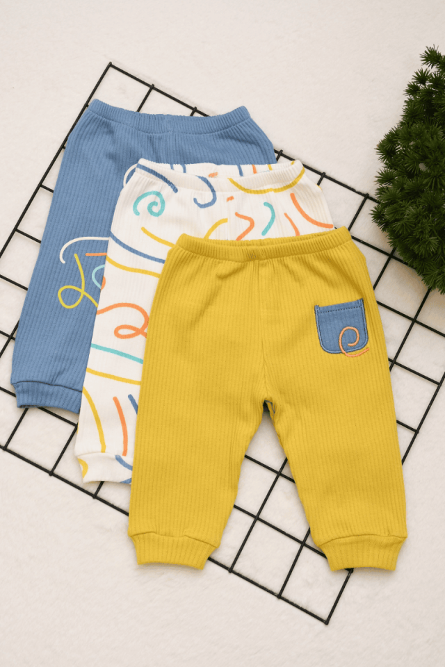 Different Way Dalga Baskı Detaylı 3'lü Erkek Bebek Tek Boy Tekalt 0-3/3-6 Ay