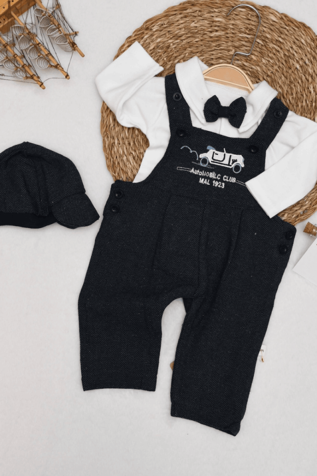 Balıksırtı Araba Armalı  Şapkalı Papyonlu Erkek Bebek Salopet Tulum 0-3/3-6/6-9/9-12 Ay