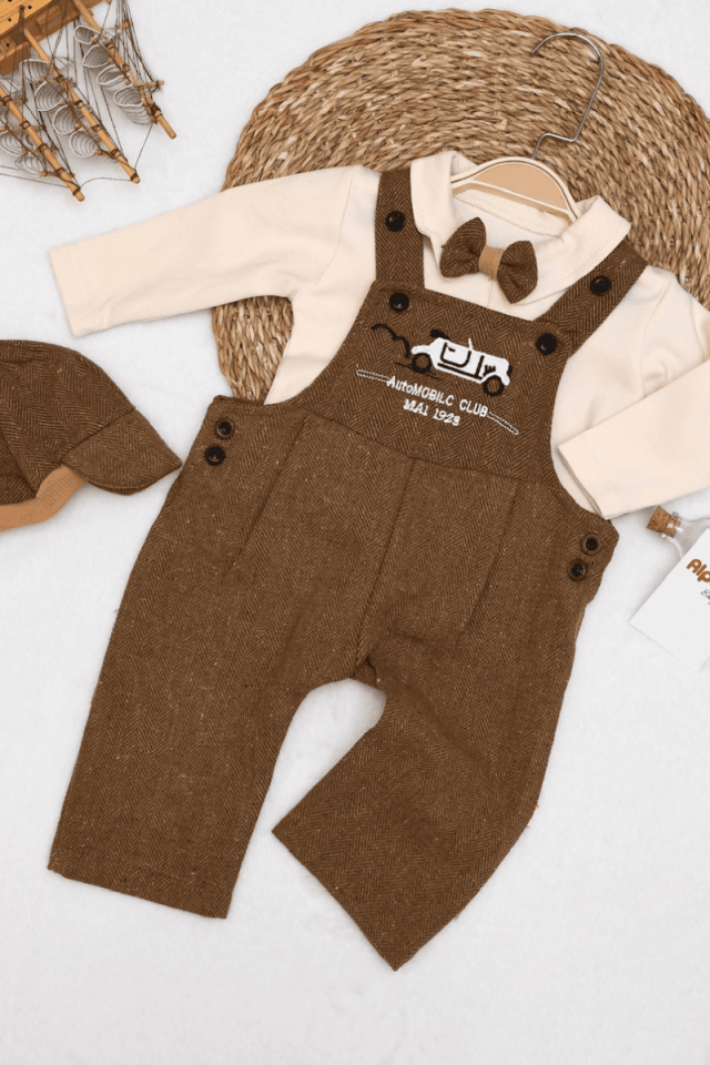 Balıksırtı Araba Armalı  Şapkalı Papyonlu Erkek Bebek Salopet Tulum 0-3/3-6/6-9/9-12 Ay