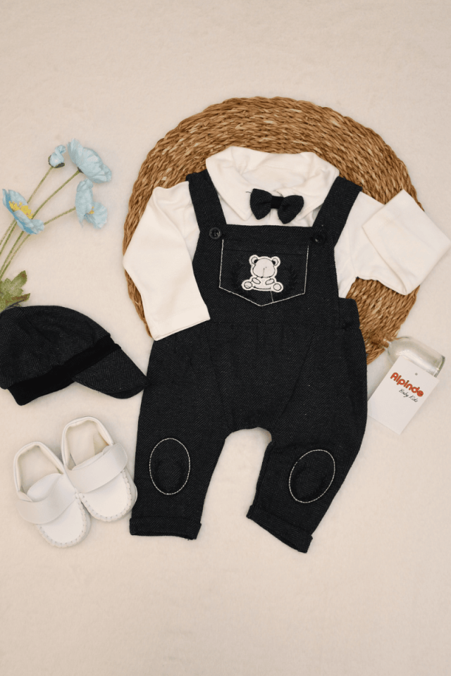 Balıksırtı Ayıcık Armalı Şapkalı Papyonlu Erkek Bebek Salopet Tulum 0-3/3-6/6-9/9-12 Ay