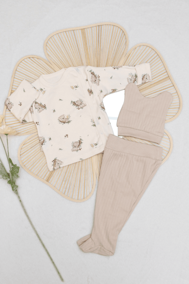 Koala Baskılı Yenidoğan 3'lü Erkek Bebek %100 Pamuklu Zıbın Set 0-3 Ay