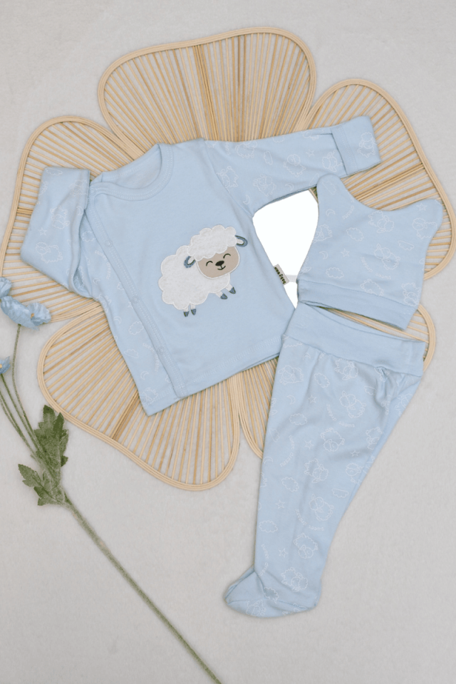 Kuzu Peluş Aplike Nakışlı Yenidoğan 3'lü Erkek Bebek %100 Pamuklu Zıbın Set 0-3 Ay