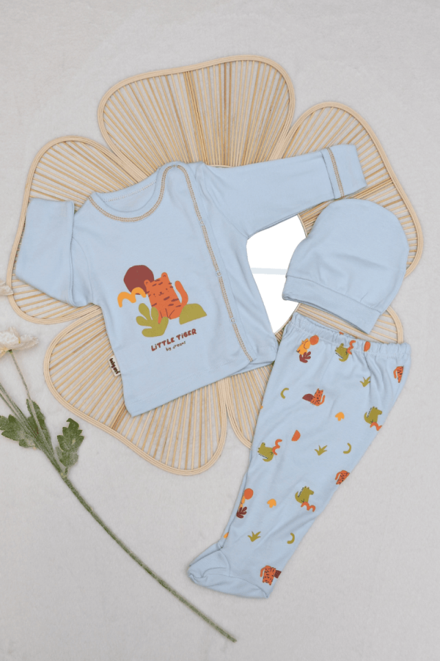 Küçük Kaplan Baskılı Yenidoğan 3'lü Erkek Bebek %100 Pamuklu Zıbın Set 0-3 Ay