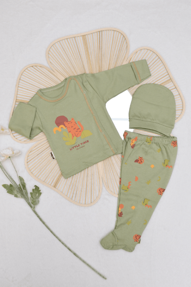 Küçük Kaplan Baskılı Yenidoğan 3'lü Erkek Bebek %100 Pamuklu Zıbın Set 0-3 Ay