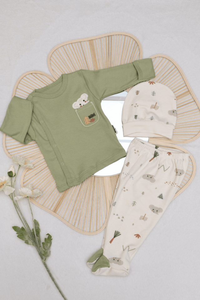 Cepli Fil Nakışlı Yenidoğan 3'lü Erkek Bebek %100 Pamuklu Zıbın Set 0-3 Ay