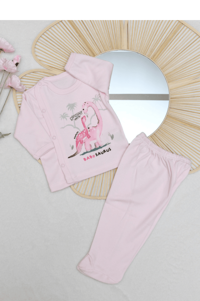 Dino Baskılı  Yenidoğan 3'lü Kız Bebek %100 Pamuklu Zıbın Set 0-3 Ay