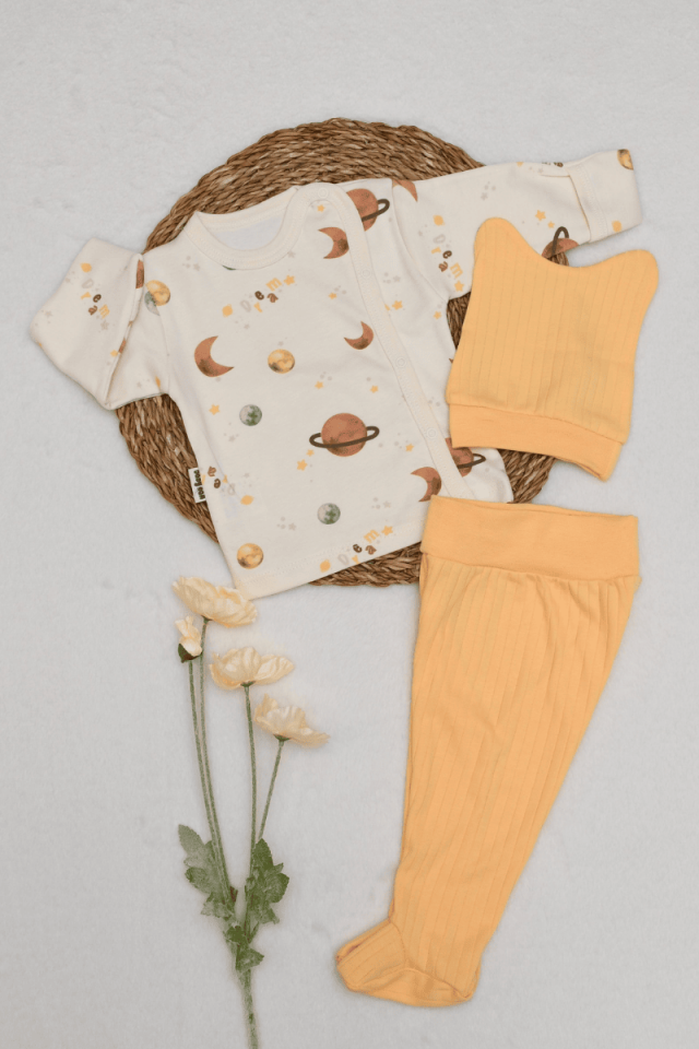 Gezegen Baskılı Yenidoğan 3'lü Erkek Bebek %100 Pamuklu Zıbın Set 0-3 Ay