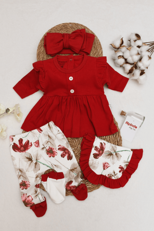 Rose Fırfırlı Fiyonklu Yenidoğan Kız Bebek 5li Zıbın Set 0-3 Ay