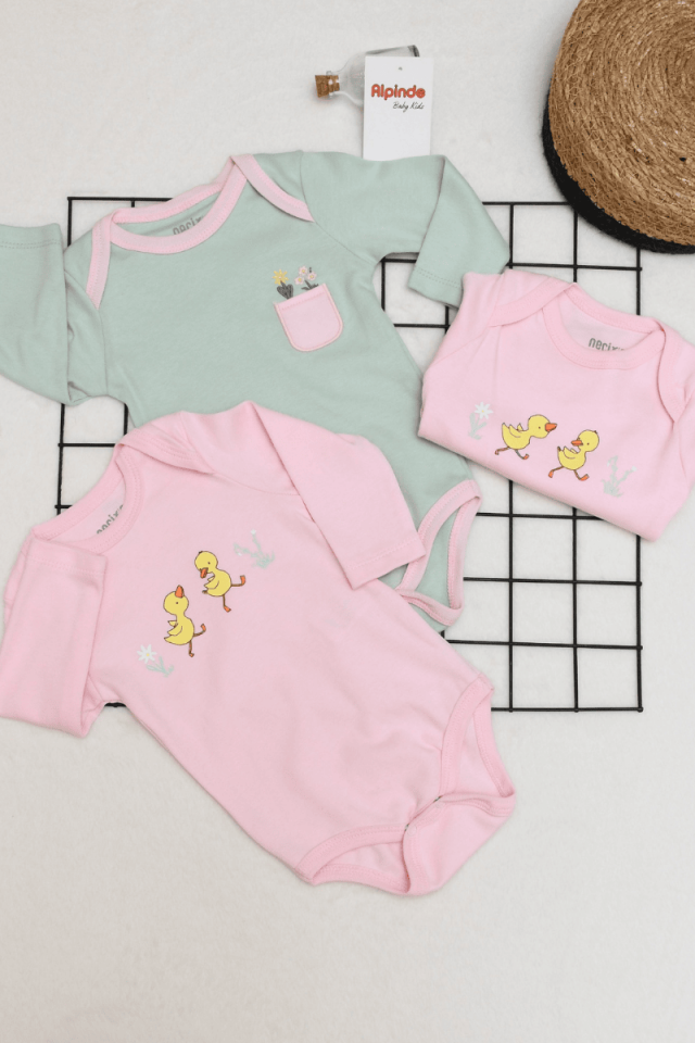Ördek Baskılı Kız Bebek %100 Pamuk 3'lü Tek Boy Çıtçıtlı Badi 3-6 Ay