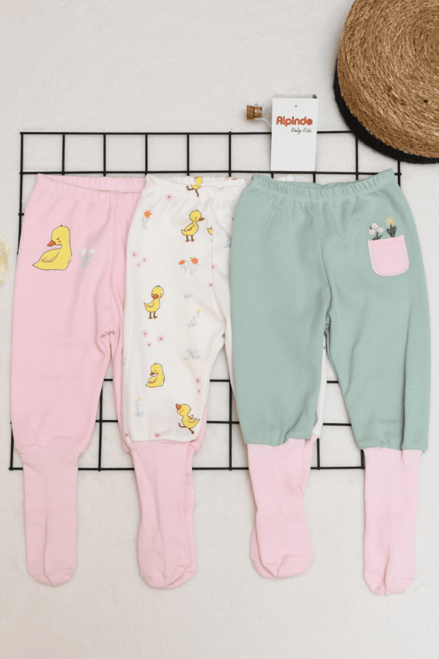 Ördek Baskılı 3lü Kız Bebek %100 Pamuk Tek Boy Tekalt 0-3/3-6 Ay