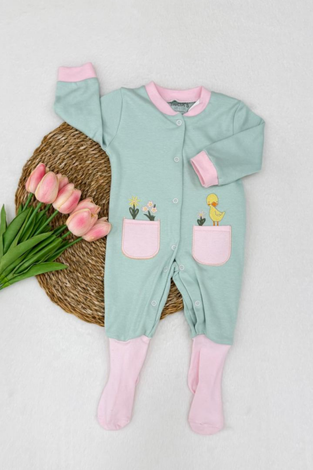 Ördek Baskılı Kız Bebek %100 Pamuk Kendinden Çoraplı Tulum 0-3/3-6 Ay