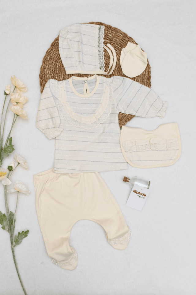 Sim Dantey Detaylı Yenidoğan Kız Bebek %100 Pamuk 5'li Zıbın Set 0-3 Ay