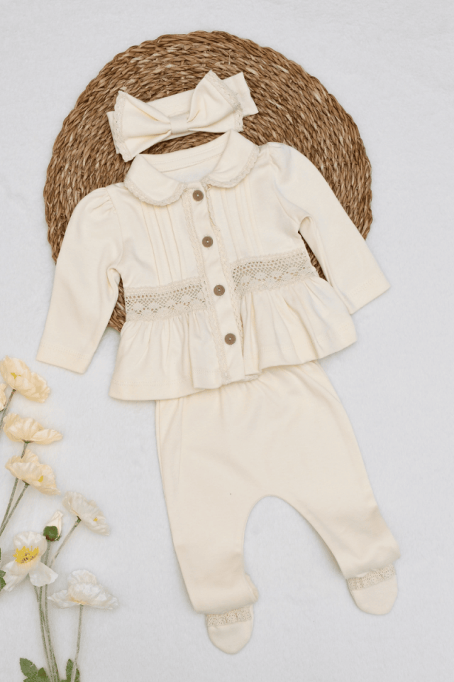 Fistolu Bebe Yaka Yenidoğan Kız Bebek %100 Pamuk 5li Hastane Çıkış Seti 0-3 Ay Ekru