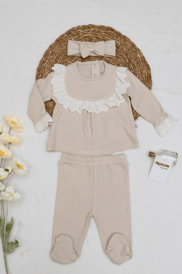 Fisto Dantel Detaylı Yenidoğan Kız Bebek %100 Pamuk 3lü Hastane Çıkış Seti 0-3 Ay