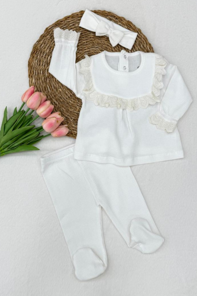 Fisto Dantel Detaylı Yenidoğan Kız Bebek %100 Pamuk 3lü Hastane Çıkış Seti 0-3 Ay