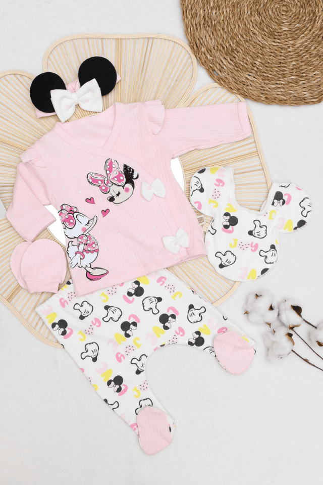 Mıckey Baskılı Yenidoğan Kız Bebek 5li Zıbın Set 0-3 Ay Pembe