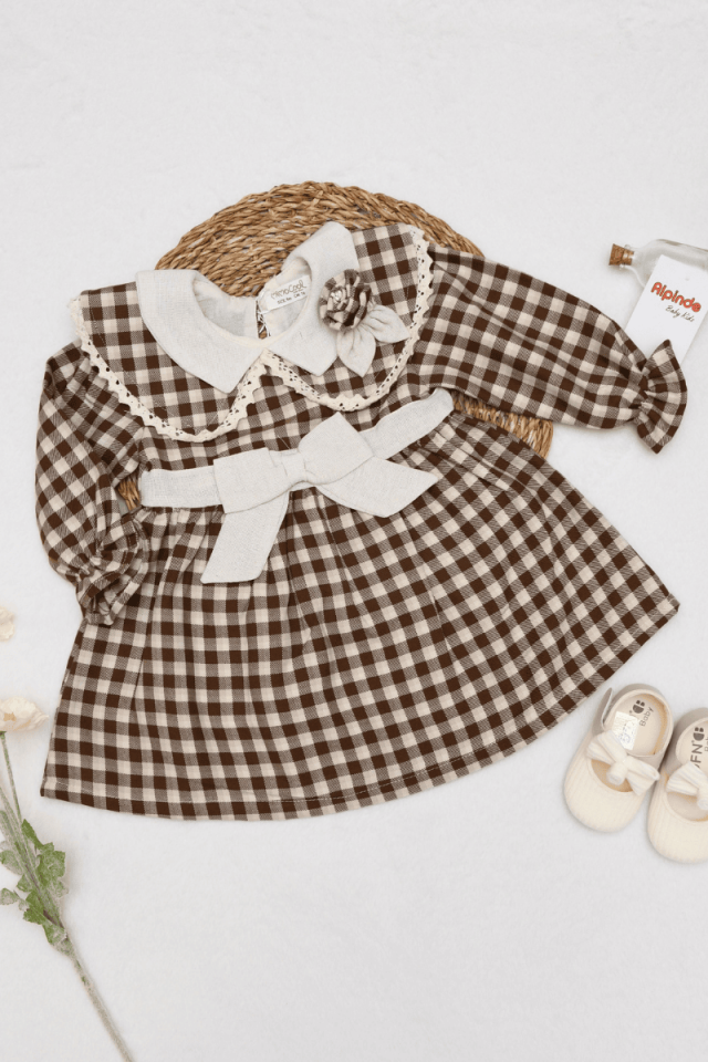 Renk Geniş Bebe Yaka Zarif Fiyonk Detaylı Ekoseli Elbise 9/12/18/24 Ay