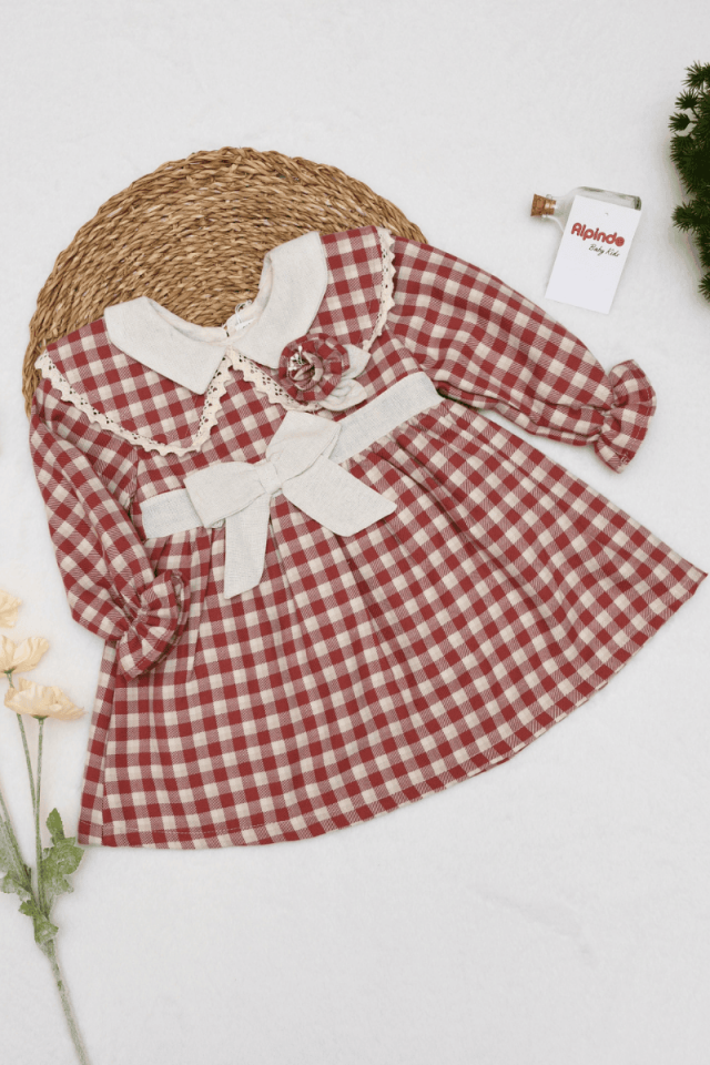 Renk Geniş Bebe Yaka Zarif Fiyonk Detaylı Ekoseli Elbise 9/12/18/24 Ay