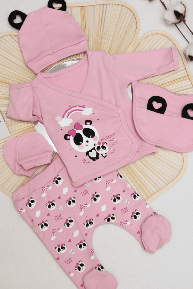Panda Baskılı % 100 Pamuk 5'li Hastane Çıkışı 0-3 Ay Pembe