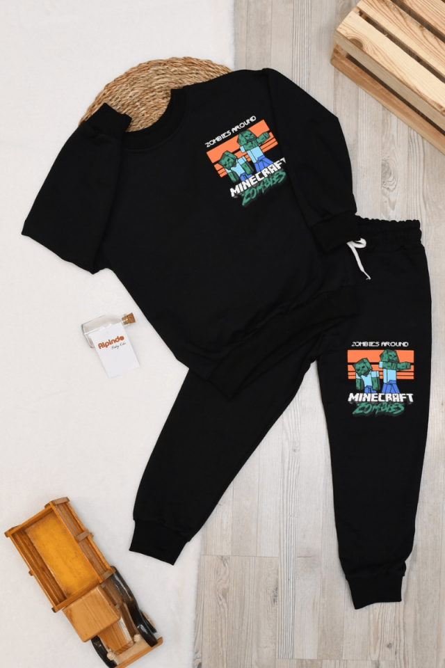 Minecarft Zombies Baskılı Erkek Takım 3-4/4-5/5-6/7-8/9-10 Yaş Siyah