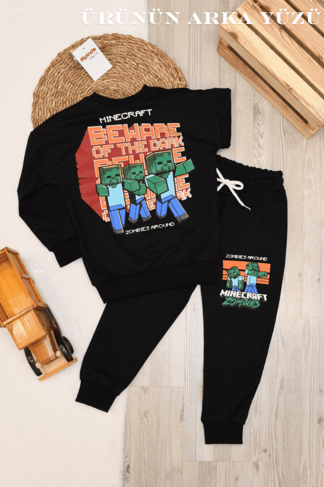 Minecarft Zombies Baskılı Erkek Takım 3-4/4-5/5-6/7-8/9-10 Yaş Siyah