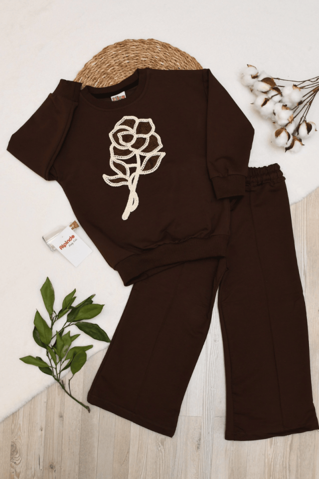 Gül Nakışlı Kız Çocuk Takım 3-4/4-5/5-6/7-8/9-10 Yaş