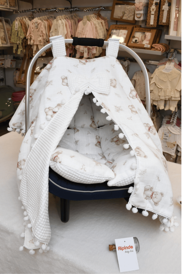 Ayıcık Baskılı Müslin Pike Puset Minderi ve Puset Örtüsü Set