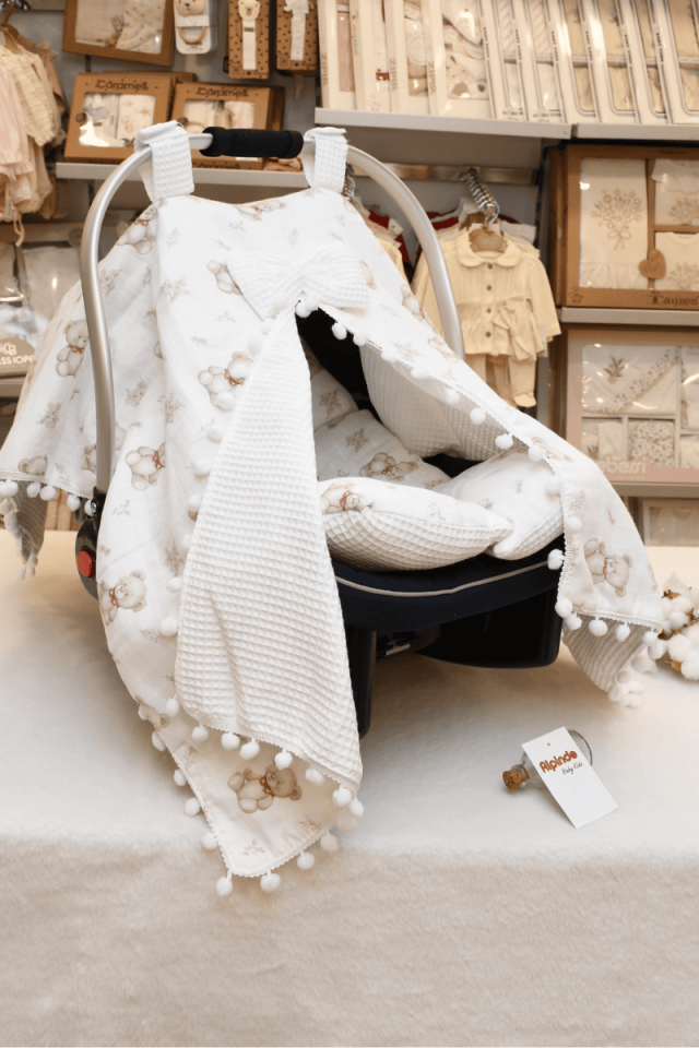 Ayıcık Baskılı Müslin Pike Puset Minderi ve Puset Örtüsü Set