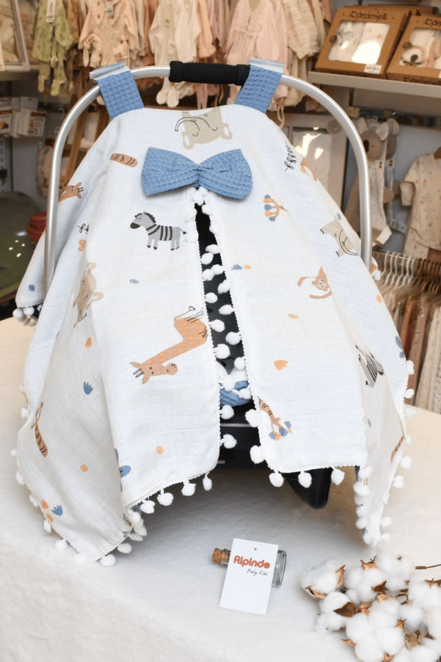 Safari Hayvan Baskılı Müslin Pike Puset Minderi ve Puset Örtüsü Set