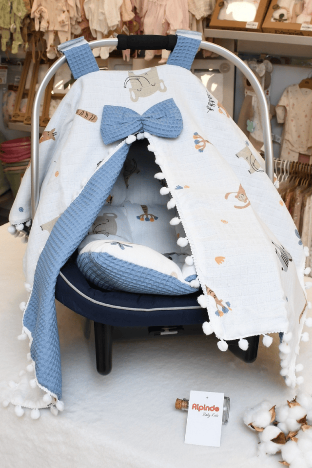 Safari Hayvan Baskılı Müslin Pike Puset Minderi ve Puset Örtüsü Set