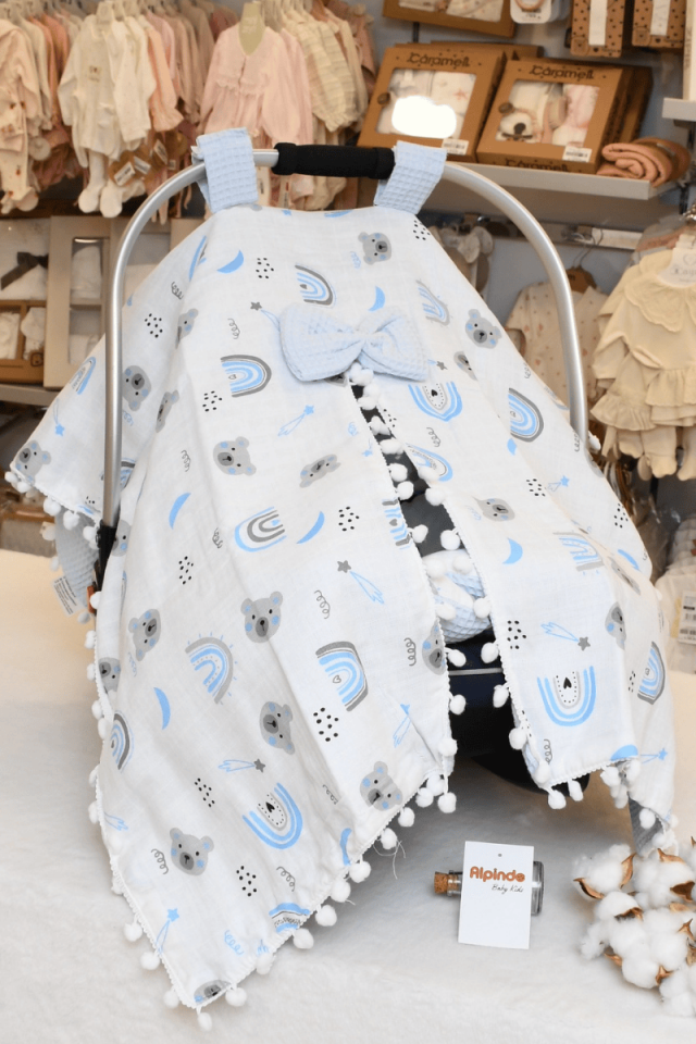 Ayıcık Kafa Baskılı Müslin Pike Puset Minderi ve Puset Örtüsü Set  Mavi