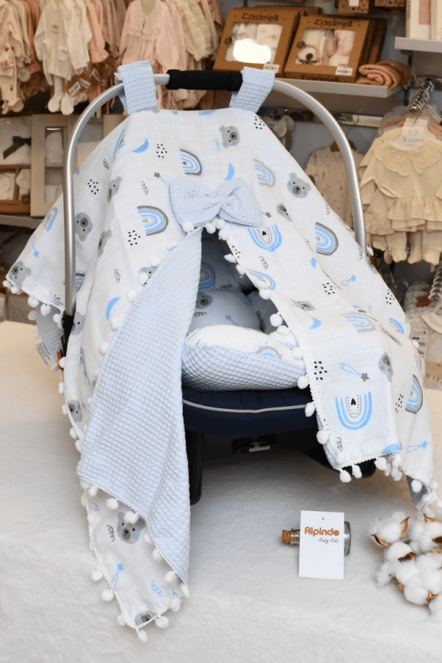 Ayıcık Kafa Baskılı Müslin Pike Puset Minderi ve Puset Örtüsü Set  Mavi